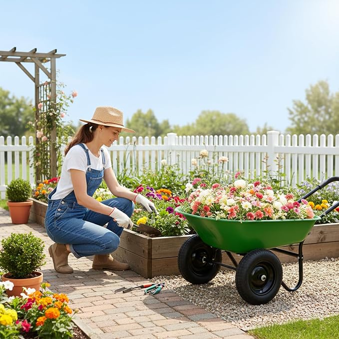 ERGOMASTER Dual-Wheel Wheelbarrow, Home Utility Garden Cart, Large Heavy Duty Yard Cart for Gardening (Bright Green)