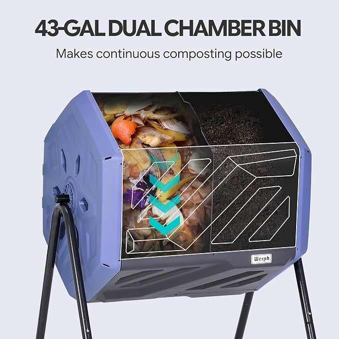 Werph 43 Gal Dual Chamber Compost Tumbler for Garden & Yard, Purple & Black | Fast Assembly, 43 Gal Dual Chambers & Aeration System, 360° Rotating Tumbler, for Garden, Kitchen, & Yard (Gloves Included)
