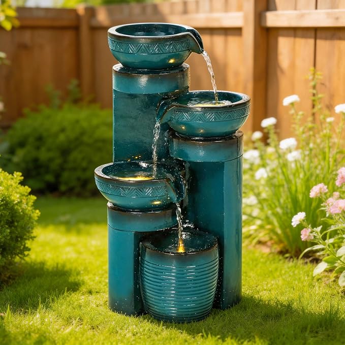 AUTODAYA 19.3" Faux Ceramic Outdoor Water Fountain with LED Lights | 4-Tier Resin Cascading Water Feature with Pedestal Waterfall for Garden, Patio, Yard or Porch