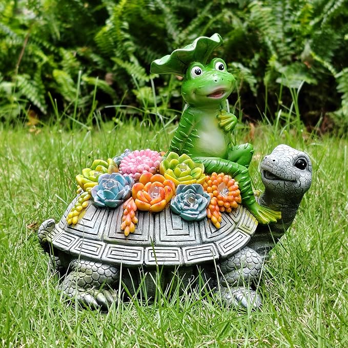 Solar Garden Outdoor Statues Turtle& Frog with Succulent and 8 LED Lights, Turtle Carrying Lotus Leaf Frog Figurines, Lawn Decorations for Patio Yard Gifts for Mom Grandma Housewarming
