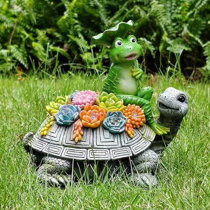 Solar Garden Outdoor Statues Turtle& Frog with Succulent and 8 LED Lights, Turtle Carrying Lotus Leaf Frog Figurines, Lawn Decorations for Patio Yard Gifts for Mom Grandma Housewarming