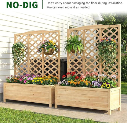 Wooden Raised Garden Bed with Trellis, Freestanding Planter Box with Drainage for Vines Climbing Plants Flowers Herbs, Elevated Gardening Planter for Backyard Balcony Patio