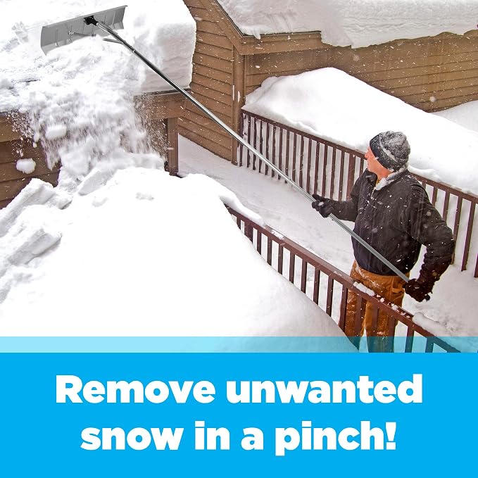 Quickway Imports Snow Rake Shovel | Aluminum Snow & Leaf Removal Tool & Pusher Scraper for House Roof & Car with 26” Rolling Blade, Lightweight 5-21’ Telescoping Extendable Handle & Nonslip Grip,Gray