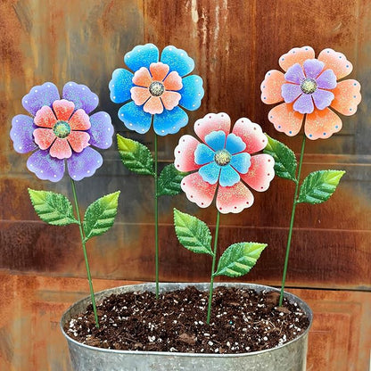 Metal Flowers for Outside, 4 Pcs 16.5 Inch Decorative Garden Stakes, Hand Painted Tin Metal Garden Decor with Glitter, Weather Resistant Outdoor Art for Patio Lawn Yard