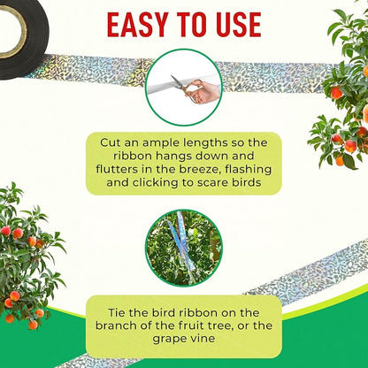 500 Ft Reflective Holographic Bird Tape – Visual and Sound Reflective Ribbon for Outdoor Use in Gardens, Orchards, Vineyards, Trees, and Boats