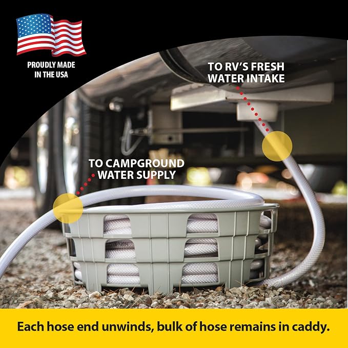 Stromberg Carlson HC-75 RV Hose and Cord Caddy for Campers and Trailers, Compact Organizer for Power Cables and Water Hoses, Durable Outdoor Storage Solution Holds 75' Fresh Water Hose, 17"x6.5", Gray