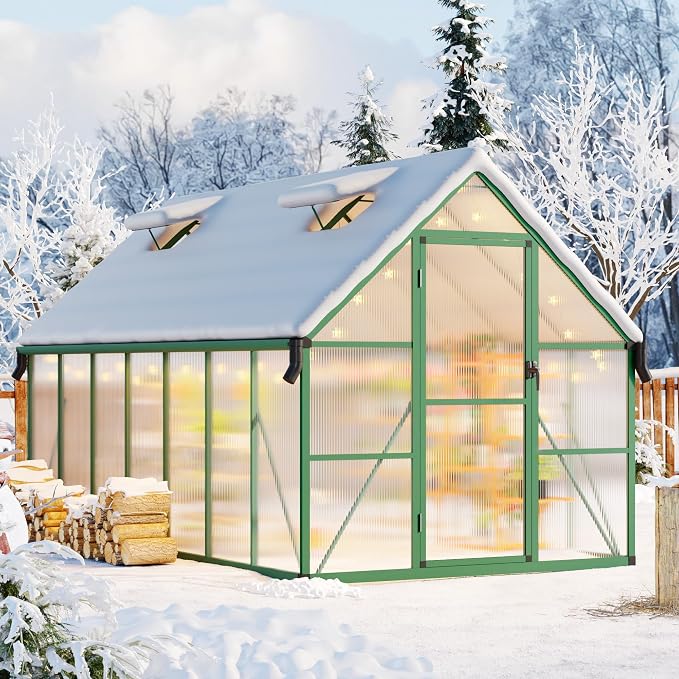 CABIHOME 8x12 FT Outdoor Greenhouse, Polycarbonate Greenhouse with Roof Vent and Ground Nails, Aluminum Large Walk-in Green House w/ Lockable Push Door for Outdoor Garden (Green, 8x14 FT)