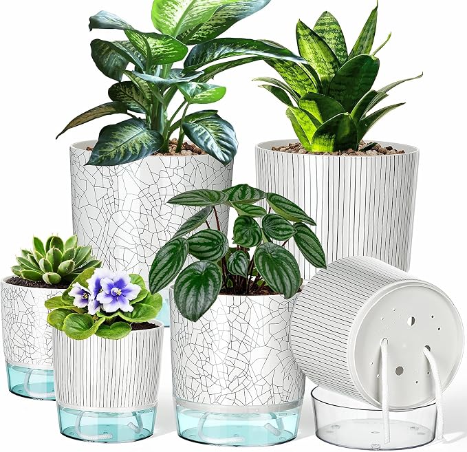 Self Watering Pots for Indoor Plants, 4/5.5/6.3 Inch Plant Pots Indoor Outdoor with Drainage Holes, Deep Reservoir, Plastic Self Watering Flower Pots
