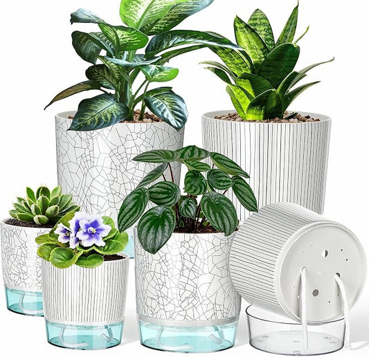 Self Watering Pots for Indoor Plants, 4/5.5/6.3 Inch Plant Pots Indoor Outdoor with Drainage Holes, Deep Reservoir, Plastic Self Watering Flower Pots