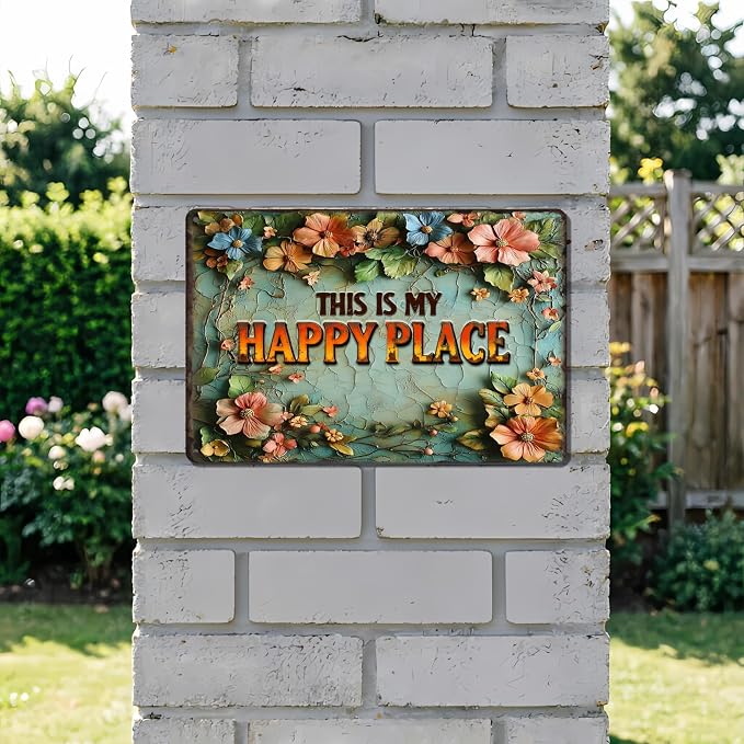 Funny Garden Metal Signs, Vintage Outdoor Wall Decor 12x8 Inch | This is My Happy Place, Weatherproof Aluminum Sign for Patio Yard Greenhouse, Gift For Gardeners