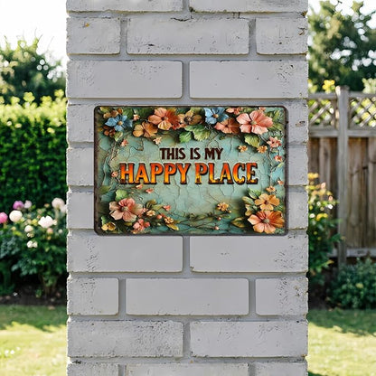 Funny Garden Metal Signs, Vintage Outdoor Wall Decor 12x8 Inch | This is My Happy Place, Weatherproof Aluminum Sign for Patio Yard Greenhouse, Gift For Gardeners