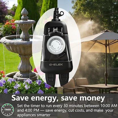 G-ELEK Mini Compact Outdoor Mechanical Timer Outlet Weatherproof, 24 Hour 30 Minute Interval, 2 Grounded 3 Prong Outlets, Space Saving Waterproof Plug in Timer for Lights Holiday Decor, 15A ETL Listed