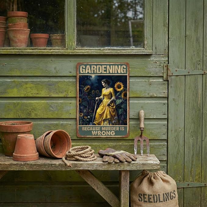 Garden Decor Sign Gardening Because Murder Is Wrong Wall Art | Garden Lovers • Patio Yard Display • Garden Theme • Vintage Humor Style • UV Printed • 8x12 Inch