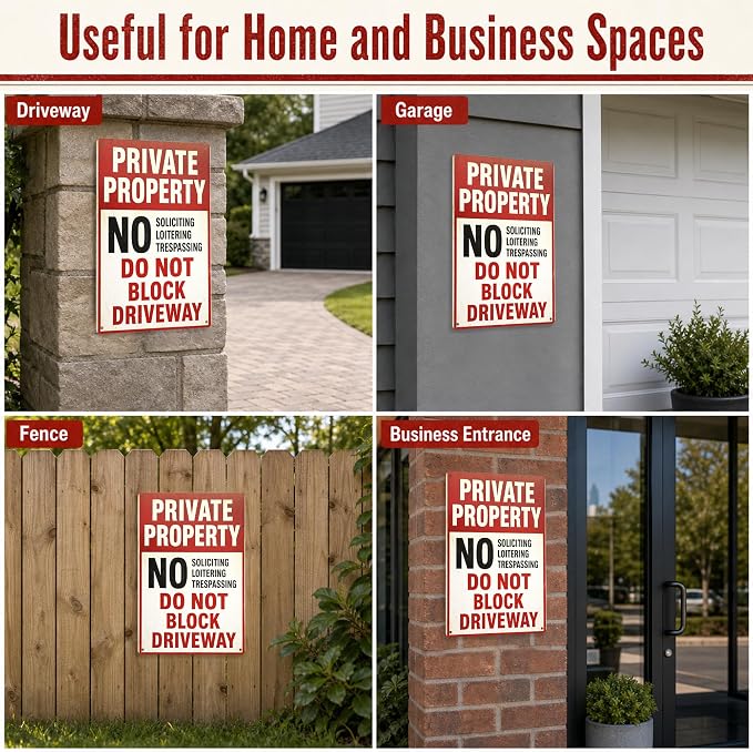 Private Property Tin Sign, 12 x 8 Inch No Soliciting Aluminum Metal Wall Decor, Vintage No Trespassing Notice for Porch, Gate, Fence, Entryway