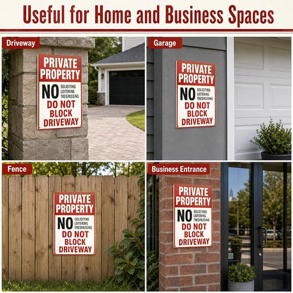 Private Property Tin Sign, 12 x 8 Inch No Soliciting Aluminum Metal Wall Decor, Vintage No Trespassing Notice for Porch, Gate, Fence, Entryway