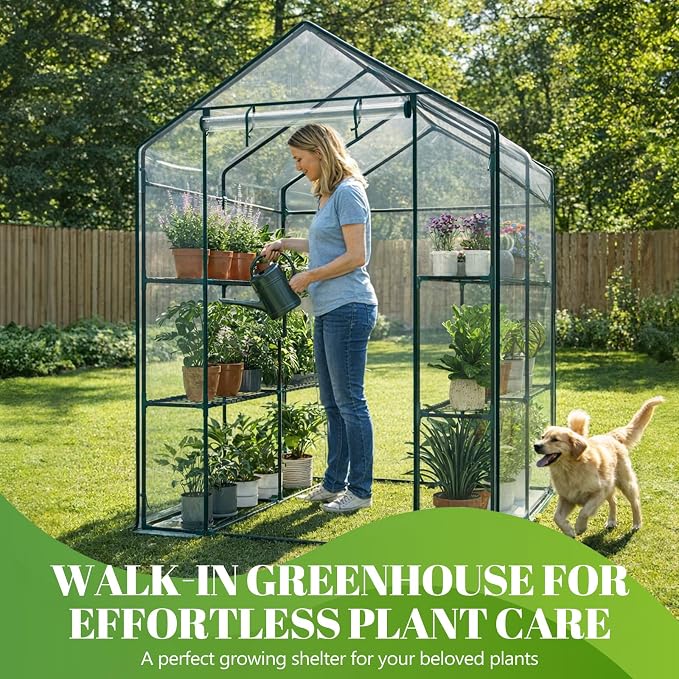 OLIXIS Outdoor Greenhouse, Walk-in Greenhouse with 2 Tier 8 Plant Shelves, Durable PVC Cover, 56"x56"x77" Portable Greenhouses for Outdoor Garden, Patio, Porch, Backyard Green Houses, Clear
