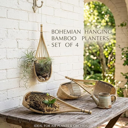 Yookeer 4 Pack Orchid Hanging Basket, 4 Inch Handmade Thai Bamboo Woven Hanging Planter Pot with Adjustable Metal Hook, Breathable Bird Nest Style Gift Basket for Orchids, Indoor Summer Decoration