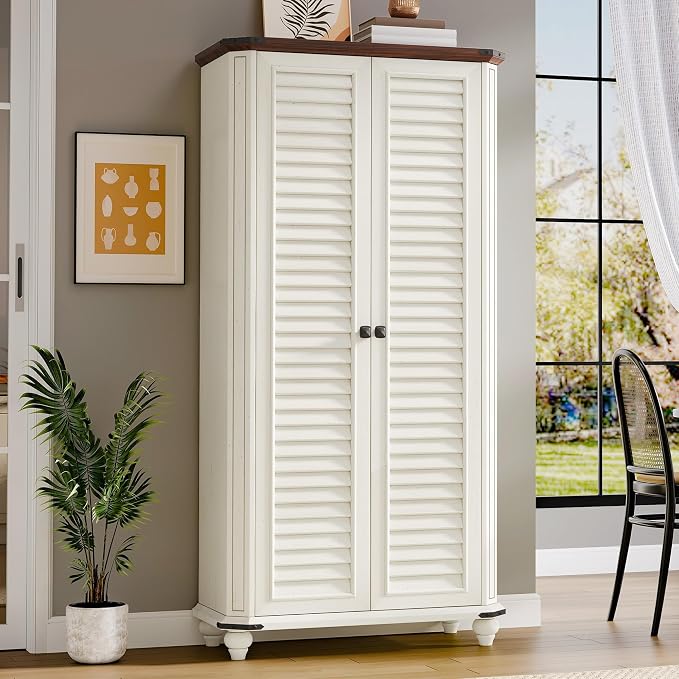 DWVO 4-Tier Storage Cabinet with 2 Shutter Doors, Farmhouse Kitchen Pantry Cabinet with Adjustable Shelves, Wooden Cabinet for Kitchen, Dining Room, Living Room, Office, Rustic White | 4-Tier Storage Cabinet with 2 Shutter Doors, Wooden Cabinet for Kit...