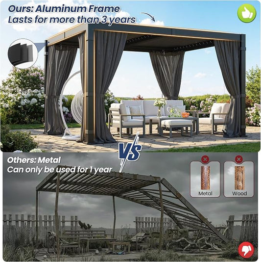 10' x 12' Louvered Pergola, Aluminum Frame Outdoor Pergola with Curtains & Netting, Adjustable Louvered Roof & Integrated Gutter System, Hardtop Patio Gazebo for Backyard, Patio, Garden, Dark Gray