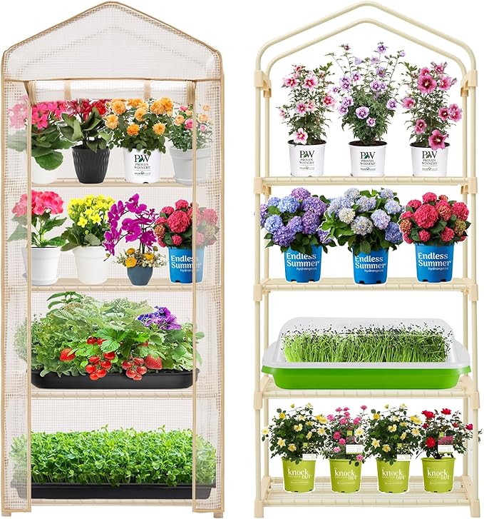 Purlyu 4-Tier Mini Greenhouse – Indoor or Outdoor Gardening Hot House with PE Zippered Cover and Metal Shelves for Growing Vegetables, Flowers and Seedlings 63'' H x 27'' L x 19'' W (PLGH704OWW)