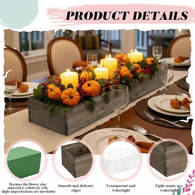 Dandat 1 Set Wood Boxes for Centerpieces 28x5 Inch Rectangle Wooden Planter Box Rustic Wooden Planters with Removable Plastic Liner Floral Foam Blocks for Christmas Wedding Home Garden Decor(Brown)