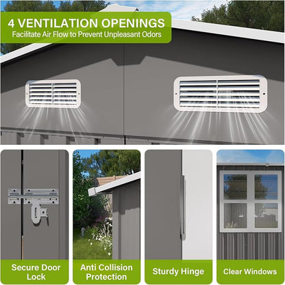 YOPTO 10x14 FT Large Outdoor Storage Shed,Durable Metal Garden Shed with Three Lockable Doors and Two Windows,Waterproof Tool Shed for Backyard Patio,All-Weather Shelter for Bike,Lawn Mowers,Grey