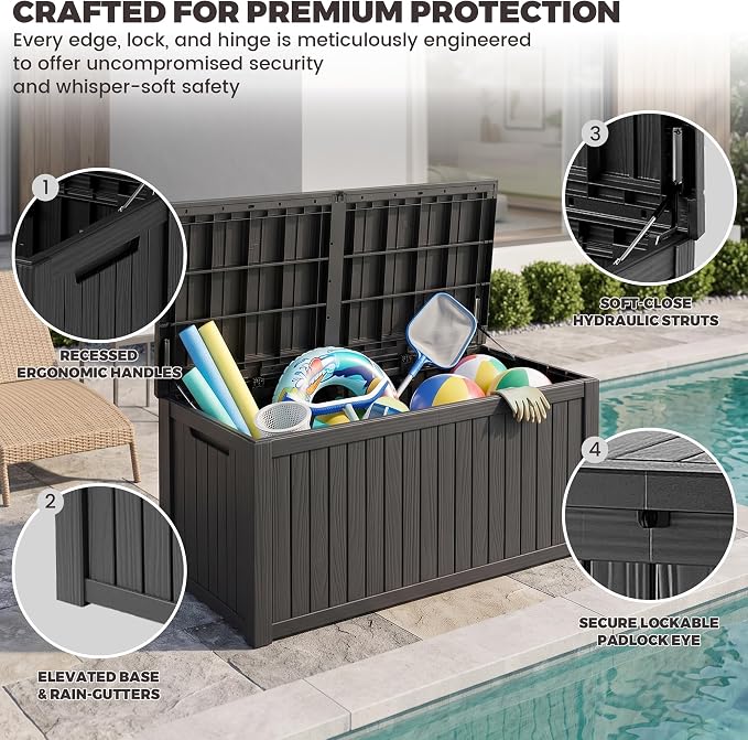 Outdoor Storage Box, 200 Gallon Waterproof Deck Box [Upgraded 3.1], Large Resin Storage with Hydraulic Lifts for King Cushions, Heavy Duty Lockable Bench Seat, Pool Deck, Black