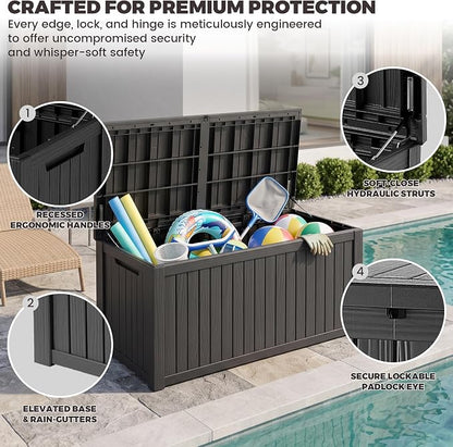Outdoor Storage Box, 200 Gallon Waterproof Deck Box [Upgraded 3.1], Large Resin Storage with Hydraulic Lifts for King Cushions, Heavy Duty Lockable Bench Seat, Pool Deck, Black