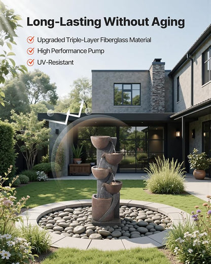 VEVOR Outdoor Water Fountain, 49.61 in Height Fountain and Waterfall, 5-Tier Floor Standing Jar-Shaped Cascading Fountains with LED Light and Pump, for Outdoor Indoor Garden, Home, Patio & Backyard