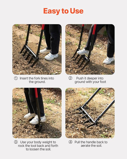 VEVOR Broad Fork, 5-Tine Pitchfork with Dual Fiberglass Handles, Heavy Duty Garden Fork, Ergonomic U-Shaped Design Broadfork Hand Tiller, Gardening Tool for Composting Transplanting Aeration