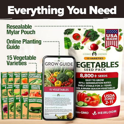 HOME GROWN 15 Variety Survival Seed Vault 8,800+ Heirloom Non-GMO Vegetable Seeds for Planting, High Germination, Complete Garden Starter Kit, Prepper Survival Gear, Indoor Outdoor