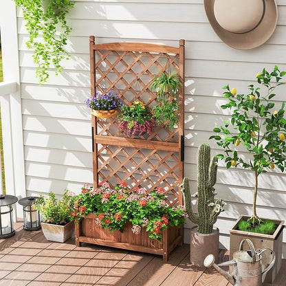 Giantex Raised Garden Bed with Trellis Set of 2, 60” Wooden Planter Container w/Drainage Holes, High Trellis for Plant Flower Climbing Pot Hanging, Indoor Outdoor Planter Box for Yard Garden Balcony