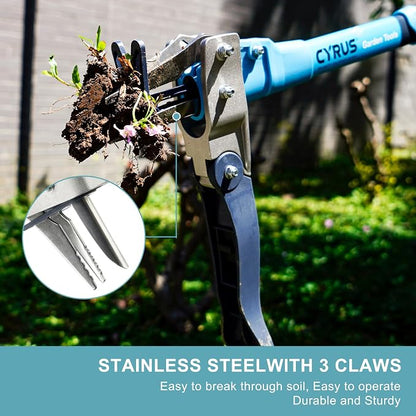 CYRUS 39 Inch 3 Claw Weed Puller Tool Aluminum Handle Weeding Remover | Semi-auto spring for labor-saving weeding, long pole avoids bending, rust-proof metal pulls weeds whole safely