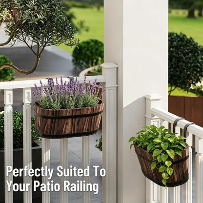 2-Pack Wooden Railing Planters, 13.2 inch Hanging Flower Pots with Detachable Hooks for Balcony, Fence, Deck, Garden, Country Home Decor -Carbonized