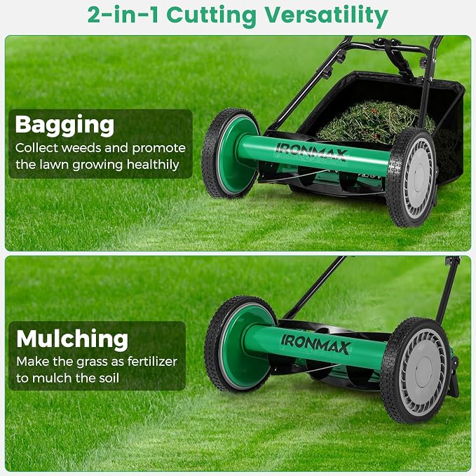 IRONMAX Lawn Mower, 16 Inch Push Reel Lawn Mower with 5 Steel Blades, Adjustable Cutting Heights, Grass Catcher Bag, Walk-Behind Manual Lawnmower for Garden Park Yard, No Motor (Green, 16 Inch)