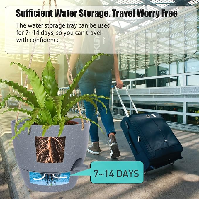 SwinDuck 10 Inch Self Watering Hanging Pots, 2 Pack Hanging Planters with 40oZ Deep Reservior for Indoor Outdoor Plants Flowers, Grey