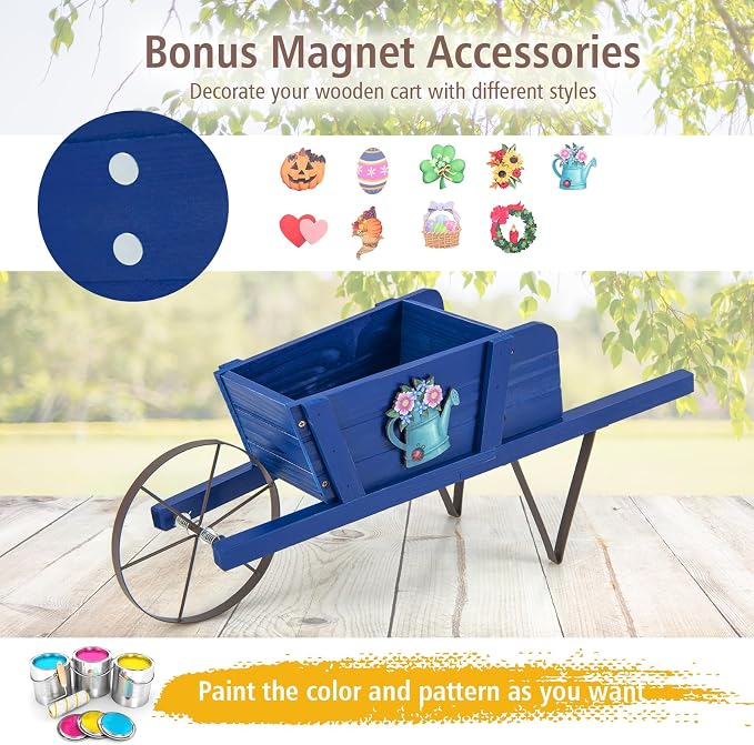 Wooden Wagon Planter, 27.5"x10.5"x11.5" Wheelbarrow Cart Plant Pot with Halloween Decoration & Mental Supports, Single Wheel Movable Garden Flower Cart Planter for Yard, Backyard (Blue)