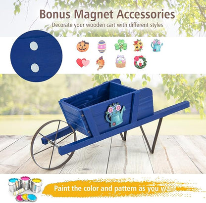 Wooden Wagon Planter, 27.5"x10.5"x11.5" Wheelbarrow Cart Plant Pot with Halloween Decoration & Mental Supports, Single Wheel Movable Garden Flower Cart Planter for Yard, Backyard (Blue)
