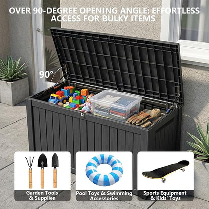 Outdoor Storage Box, 180 Gallon Waterproof Deck Box [Upgraded 3.0], Piston-Lift Tall Standing Cabinet for Oversized Cushions, Lockable Deep Tool Organizer Storage Bench, Large Lawn, Black
