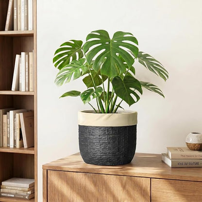 8 Inch Planter - Ceramic Pots for Plants with Drainage Hole and Plug, Round Unique Flower Pots for Indoor Plants, Boho Decorative Plant Pot, Apartment Decor, Gardening Gifts for Women, Black