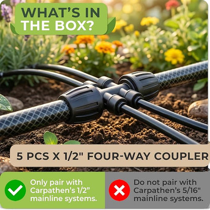Carpathen Drip Irrigation Parts - 5PCS 1/2" to 1/4" Barbed Tee Quick Connector - Lock Reduced 4-Way T Connector - Drip Irrigation Fittings