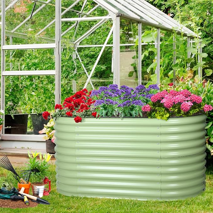 Aoodor 2-in-1 Modular Aluzinc Metal Raised Garden Bed, 63" L x 32" W x 32" H, Outdoor Planter Box for Vegetables, Flowers, and Herbs, Olive Green