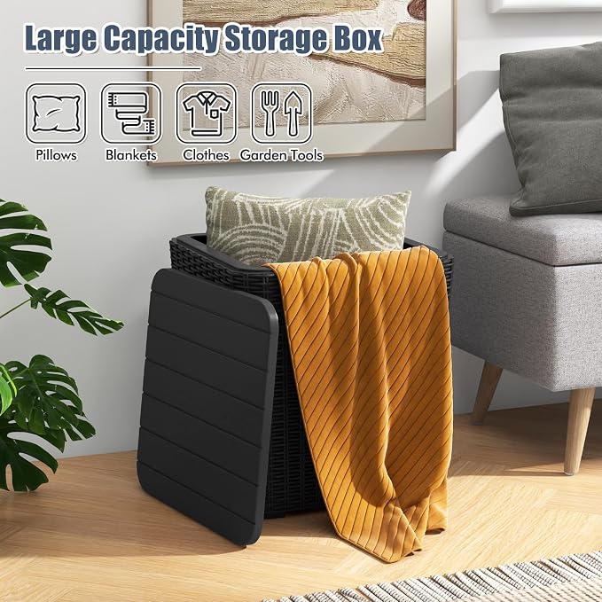 Tangkula 11.5 Gallon Water-proof Deck Box, Outdoor Patio Storage Box w/Removable Lid &, Faux Rattan Storage Container Side Table, All Weather Patio Furniture Extra Seat for Poolside (Black)
