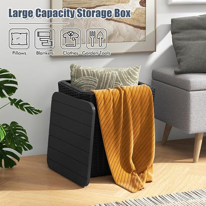 Tangkula 11.5 Gallon Water-proof Deck Box, Outdoor Patio Storage Box w/Removable Lid &, Faux Rattan Storage Container Side Table, All Weather Patio Furniture Extra Seat for Poolside (Black)