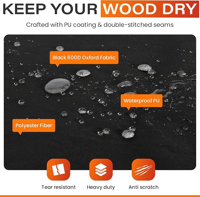 8ft Waterproof Firewood Rack Cover - Heavy Duty Black 600D Oxford Fabric - Indoor Or Outdoor Firewood Log Cover with Zipper & Adhesive Closing Strips - Rack NOT Included - Black