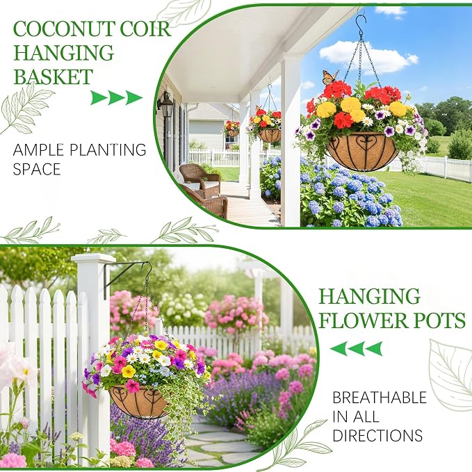 Hanging Planters for Outdoor Plants 4 Pack 12 inch Metal Hanging Flower Basket with Coco Coir Liner Wire Plant Holder Watering Flower Baskets Pot Hanger Garden Decoration for Indoor Outdoor(AXL)