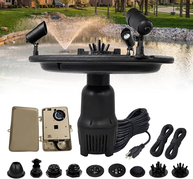 Half Off Ponds 1 HP Floating Fountain & Aerator | 15,000 GPH output, 13 spray patterns, Color-changing LED lights, Control box, 200 ft heavy-duty cord
