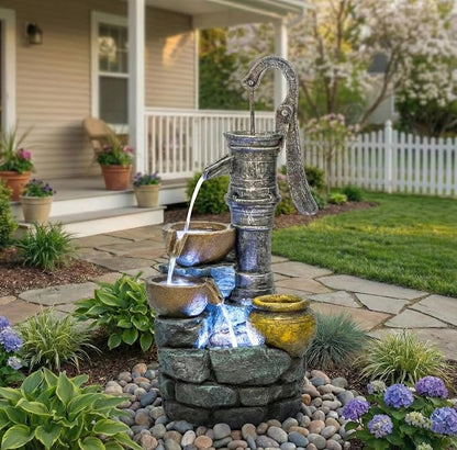 32 Inch Large Outdoor Fountain with Vintage Pump Design, Freestanding Resin Waterfall Feature, Weather Resistant Construction for Patio Yard Garden Backyard Entryway Decor