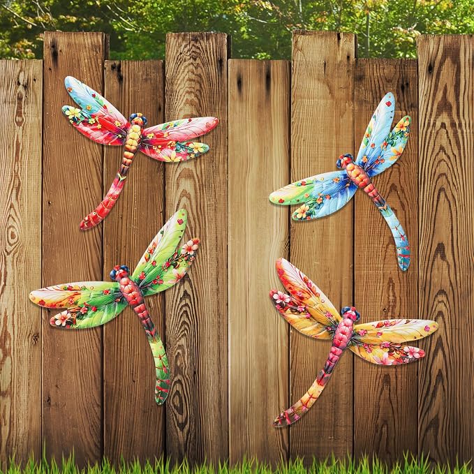 Junware Metal Dragonfly Wall Decor, 4Pcs Dragonfly Wall Art Sculptures Hanging Sculpture Decoration.Outdoor Fence Art for Home Garden, Fence, Patio, Yard, Bedroom Outside Gifts for Adults