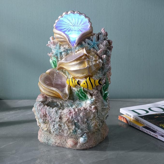 GOSSI Coral Shell Water Fountain - Tabletop Waterfall Fountain Indoor Desktop Decor with LED Lights, Zen Meditation Relaxation, Home Office Decoration (23037)